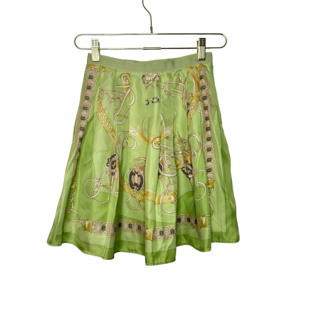 J. McLaughlin 100% Silk Pleated Mini Skirt Green Women 6โ Lined Chain Print
